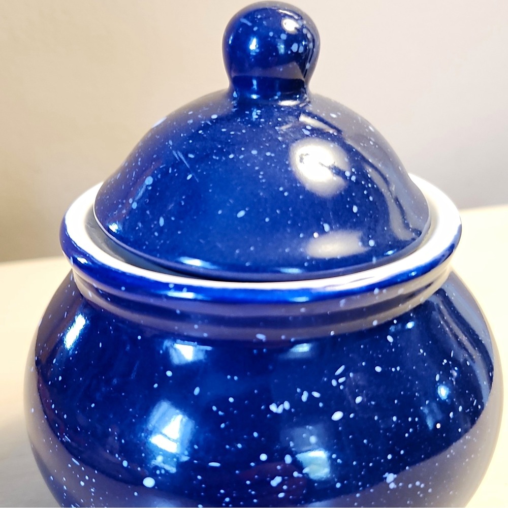 Blue White Speckled Ceramic Porcelain Canister Jar with Lid, Round 4.5 in